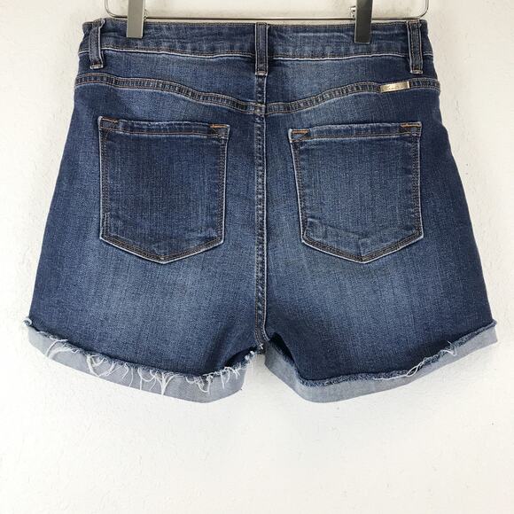 Kancan Jess Ultra High Rise Exposed Button Fly Dark Wash Folded Hem Denim Shorts - Picture 2 of 11